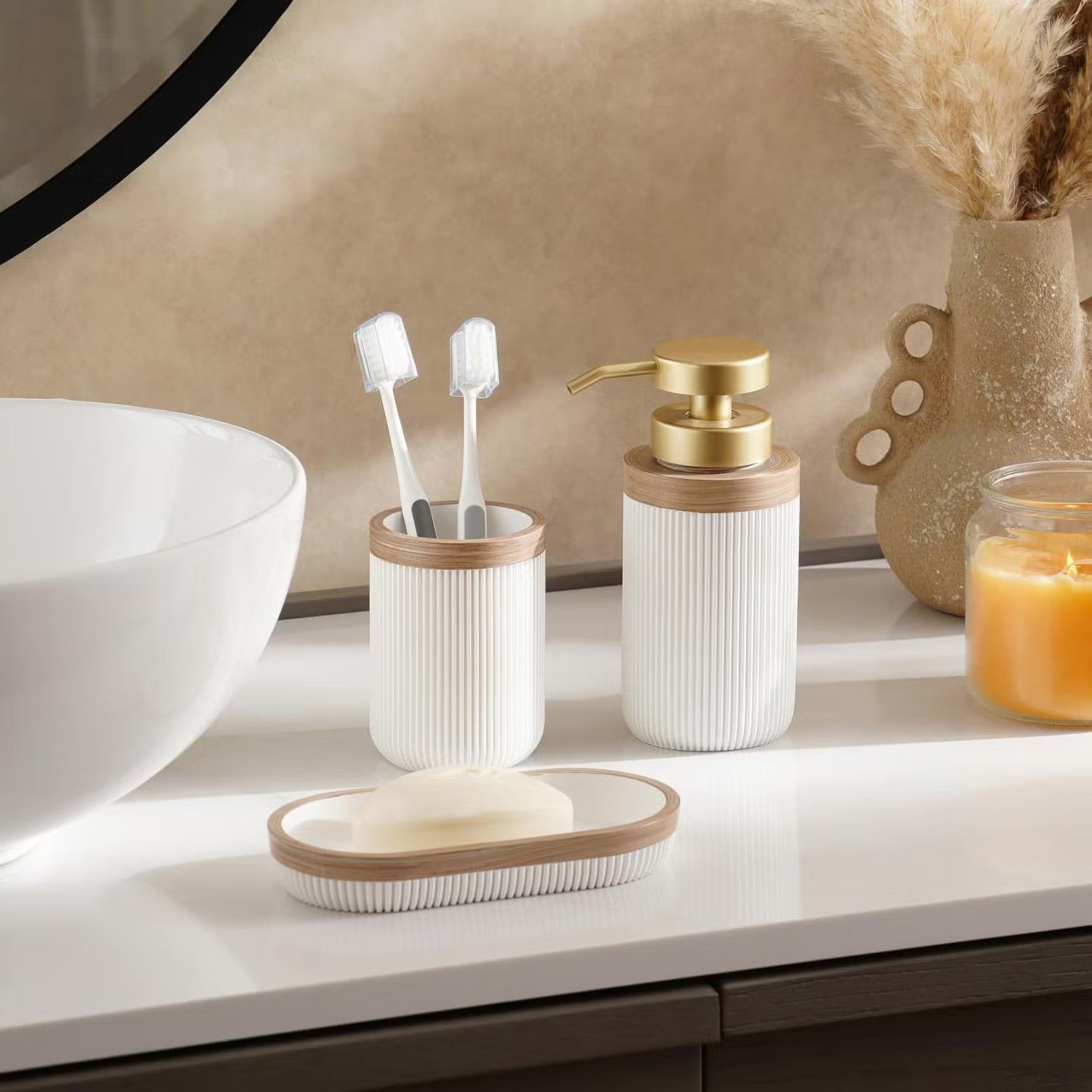 [Hometech] Soap Dish, Dispenser & Tumbler Set for Bathroom, White