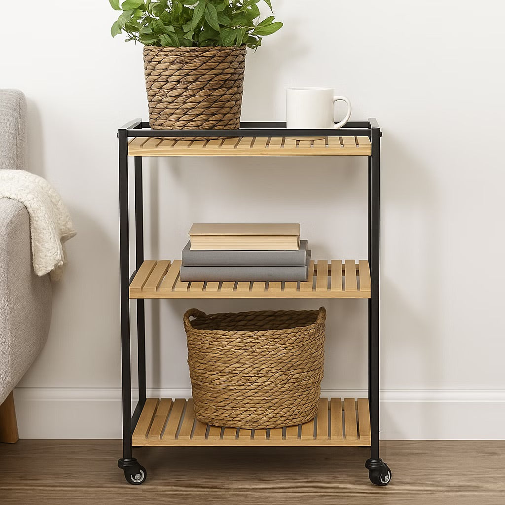 [Hometech] 3-Tier Multipurpose Bamboo Trolley, 47x33x77cm, Natural Finish