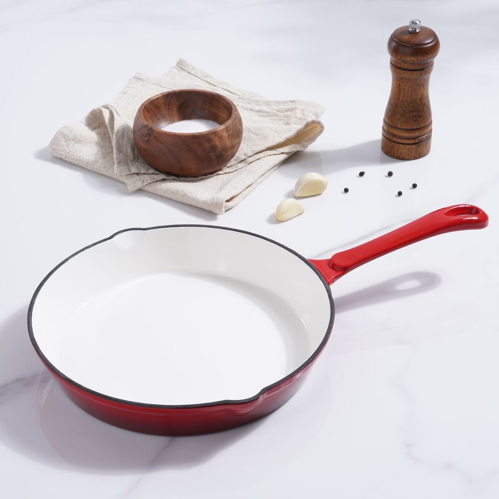 [Hometech] Enameled Cast Iron Fry Pan, 40x25x5.5cm, Ombre Red