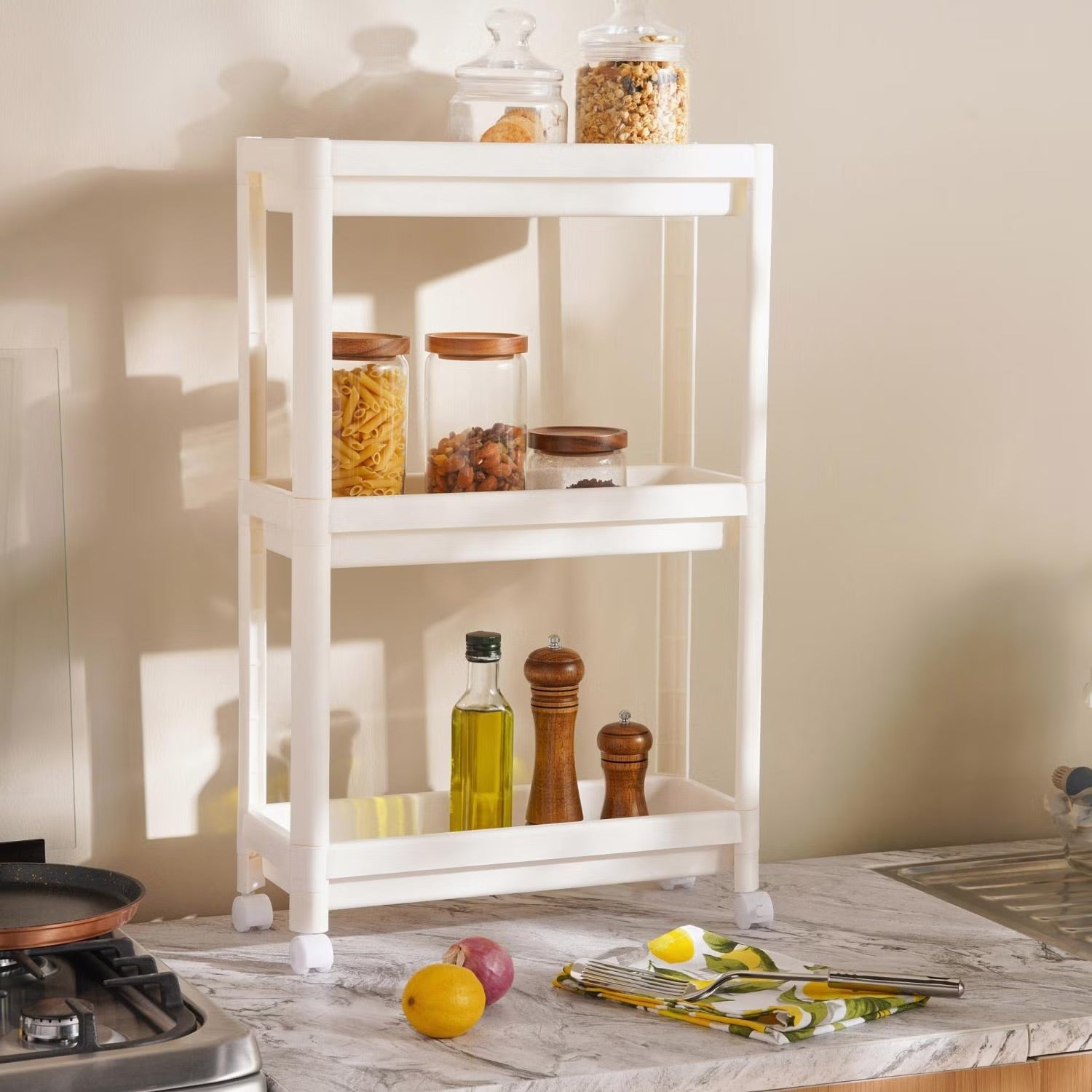 [Hometech] 3-Tier Narrow Kitchen Storage Rack with Wheels, White