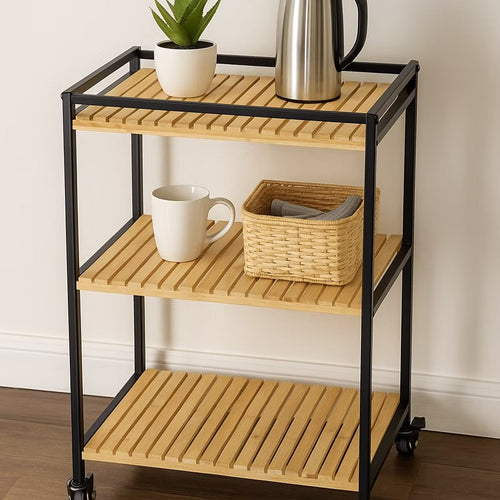 [Hometech] 3-Tier Multipurpose Bamboo Trolley, 47x33x77cm, Natural Finish