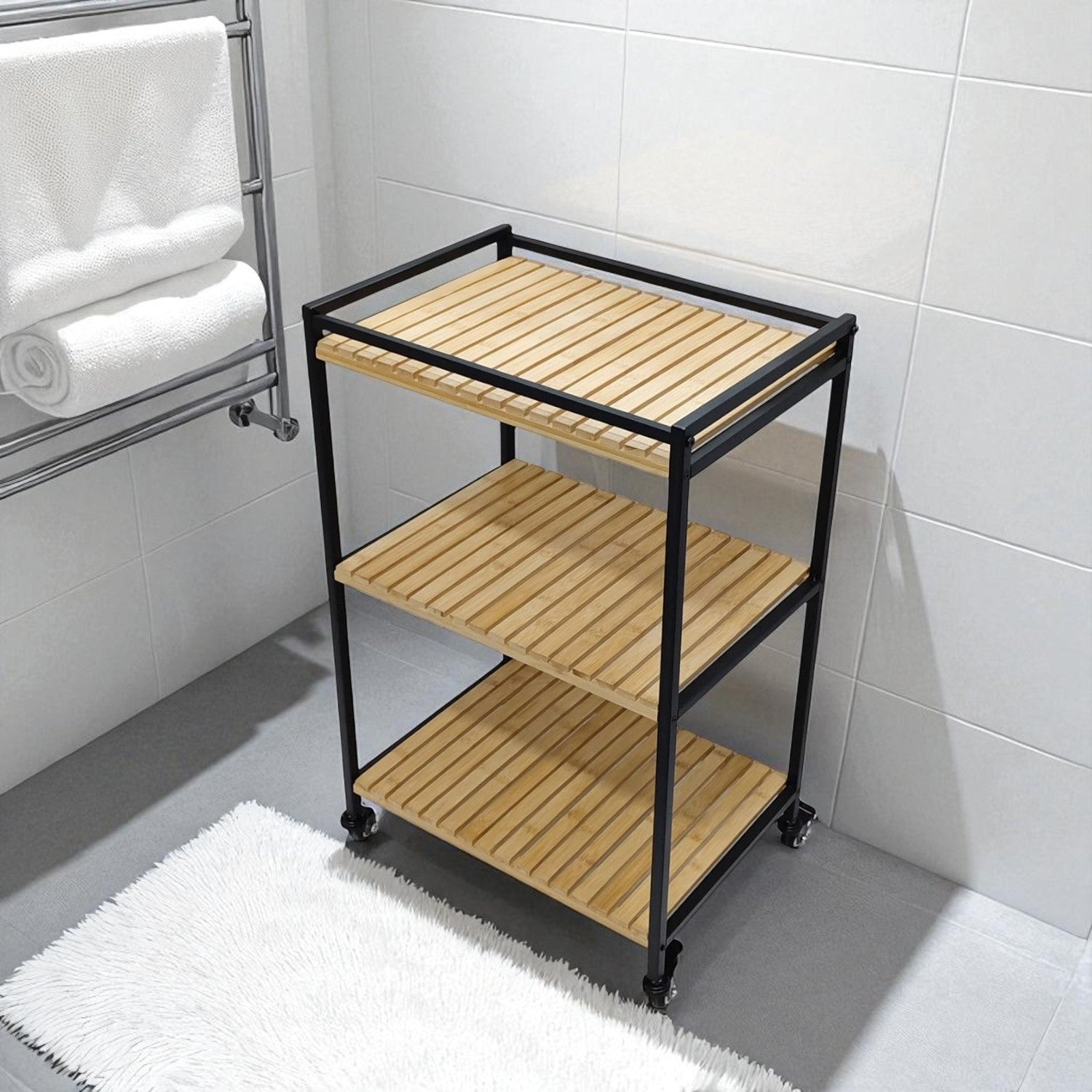 [Hometech] 3-Tier Multipurpose Bamboo Trolley, 47x33x77cm, Natural Finish