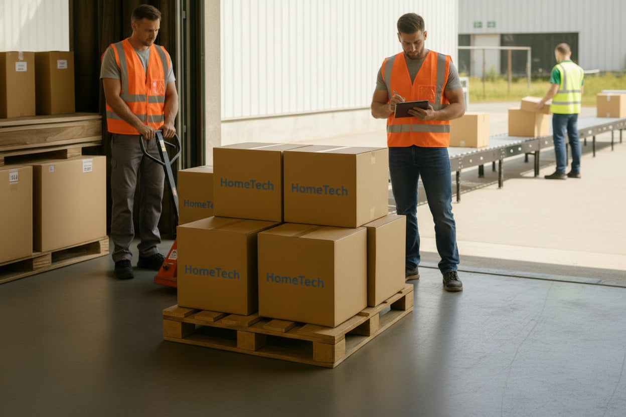 Stack of cardboard boxes labeled 'Hometech' on a wooden pallet in an indoor setting.
