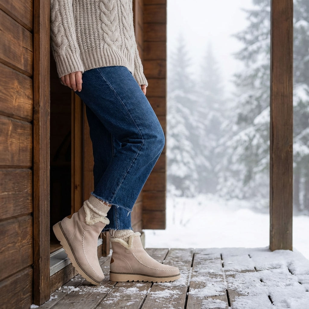 [Hometech] Fur Lined Ankle Boots with Slip On Design