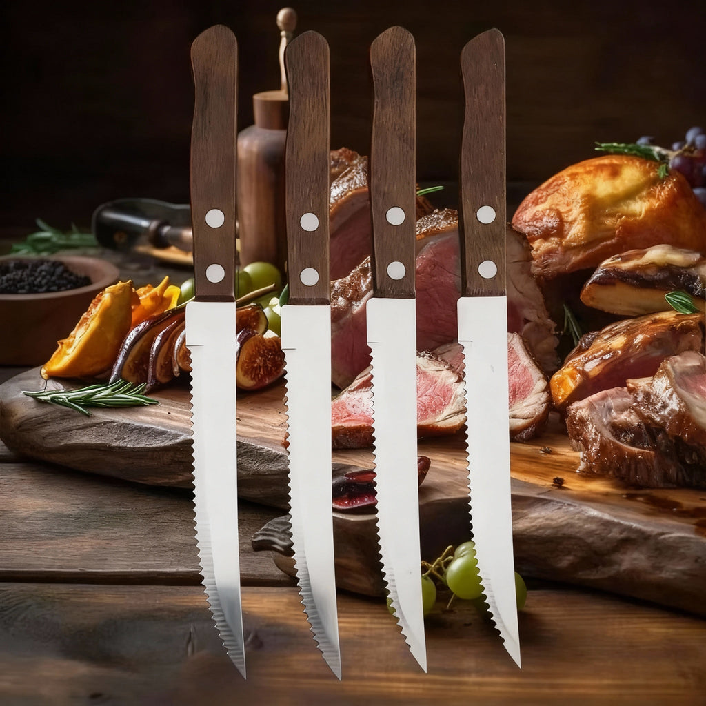 [Hometech] Stainless Steel Steak Knife Set with Wooden Handles & Serrated Edges