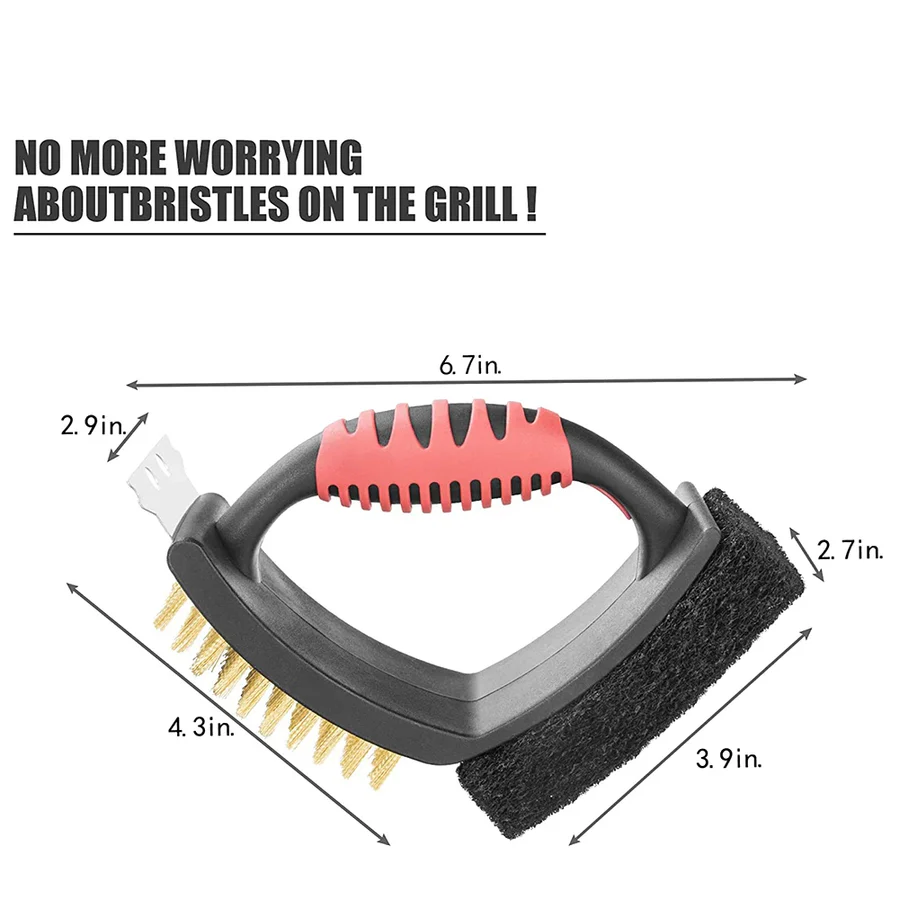 [Hometech] 3 in 1 Grill Brush with Brass Bristles and Scraper