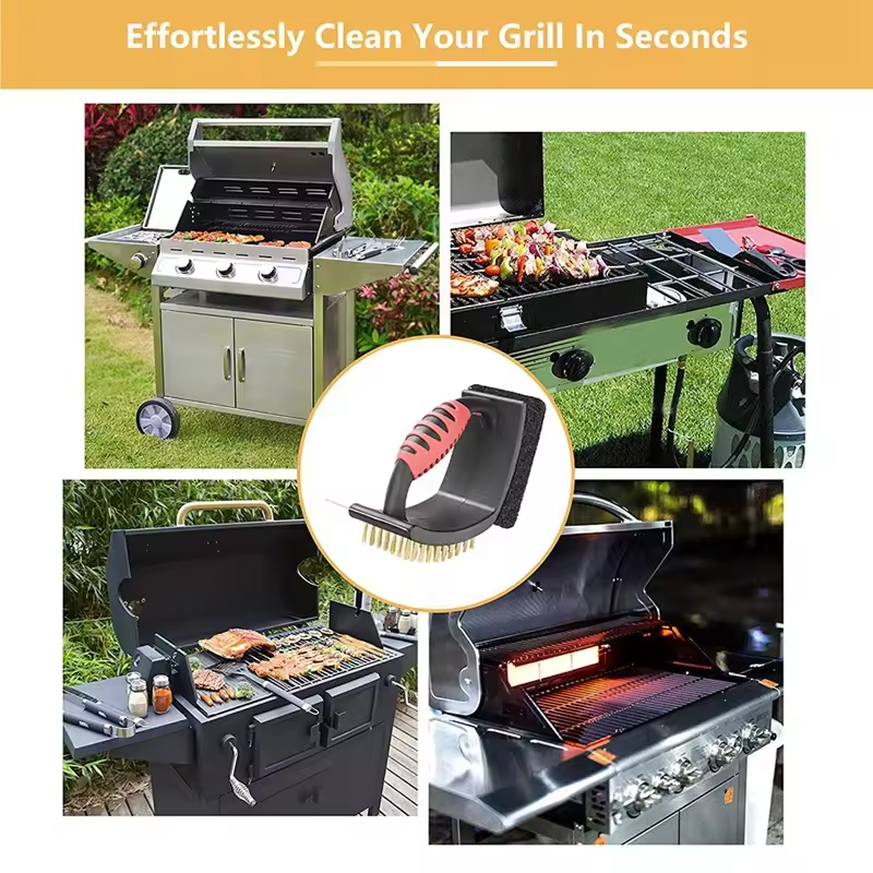 [Hometech] 3 in 1 Grill Brush with Brass Bristles and Scraper