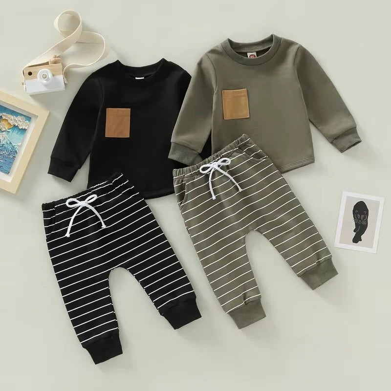 [Hometech] Toddler Boys Fall Outfit Pullover and Striped Pants, Set of 2