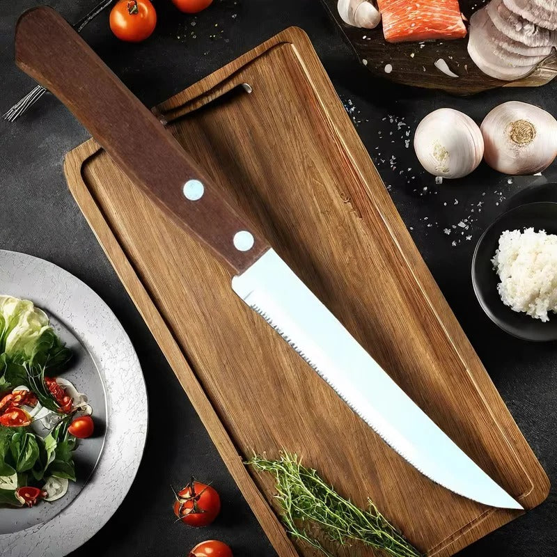 [Hometech] Stainless Steel Steak Knife Set with Wooden Handles & Serrated Edges