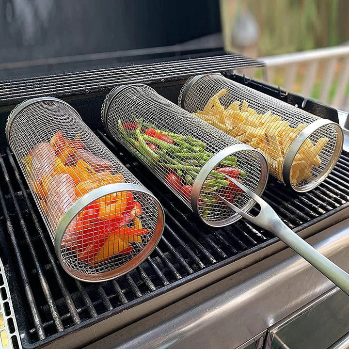 [Hometech] Rotating Rolling Barbecue Grill Basket With Locking Latch