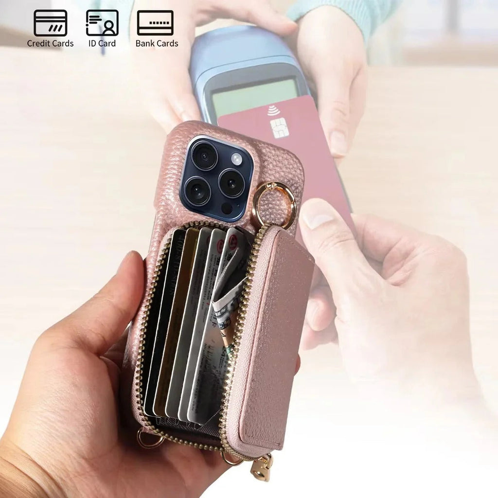 [Hometech] Leather Wallet Case for iPhone with Card Slots and Zipper Closure