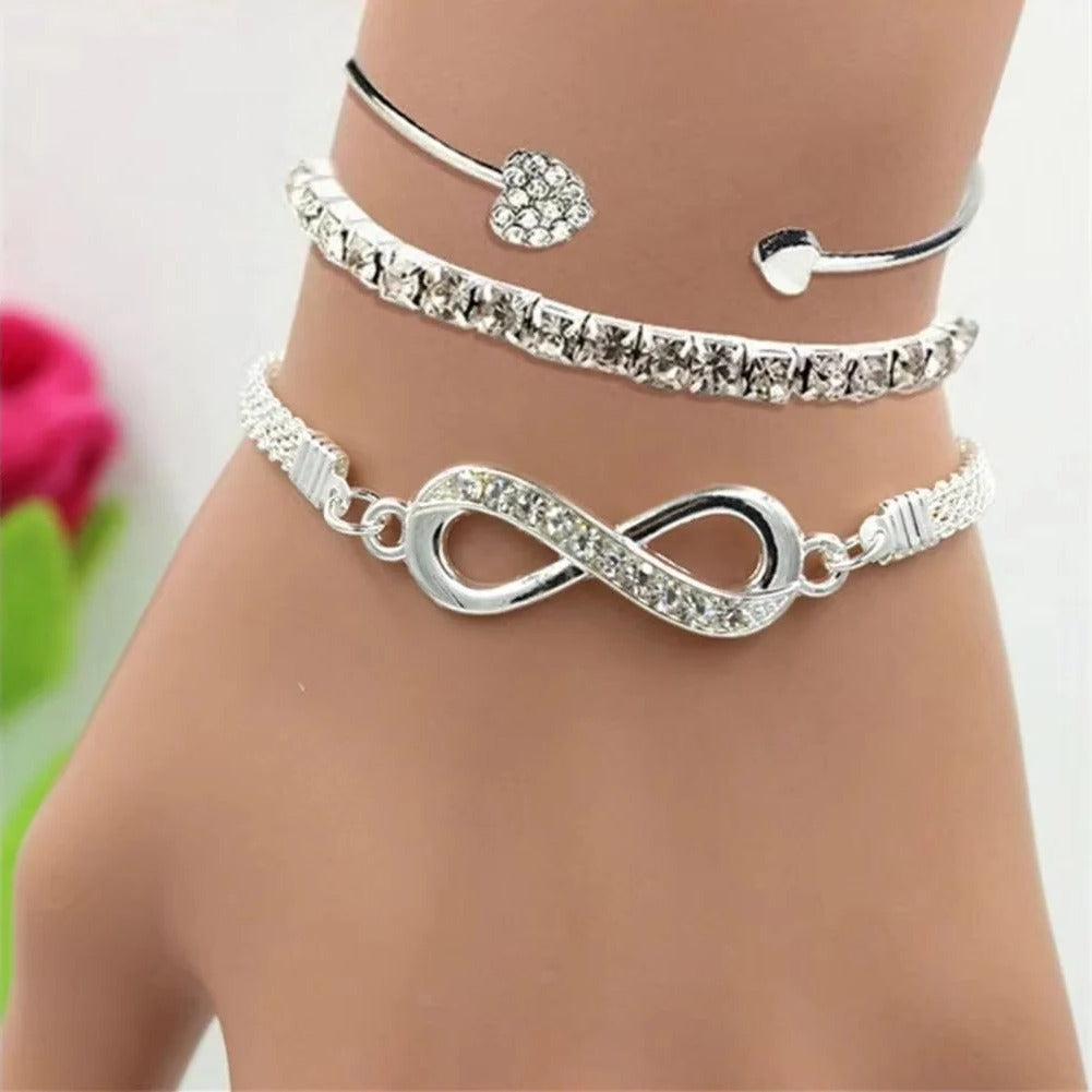 [Hometech] Rhinestone Bracelet Set, 3 Pieces Heart and Infinity Charms for Women