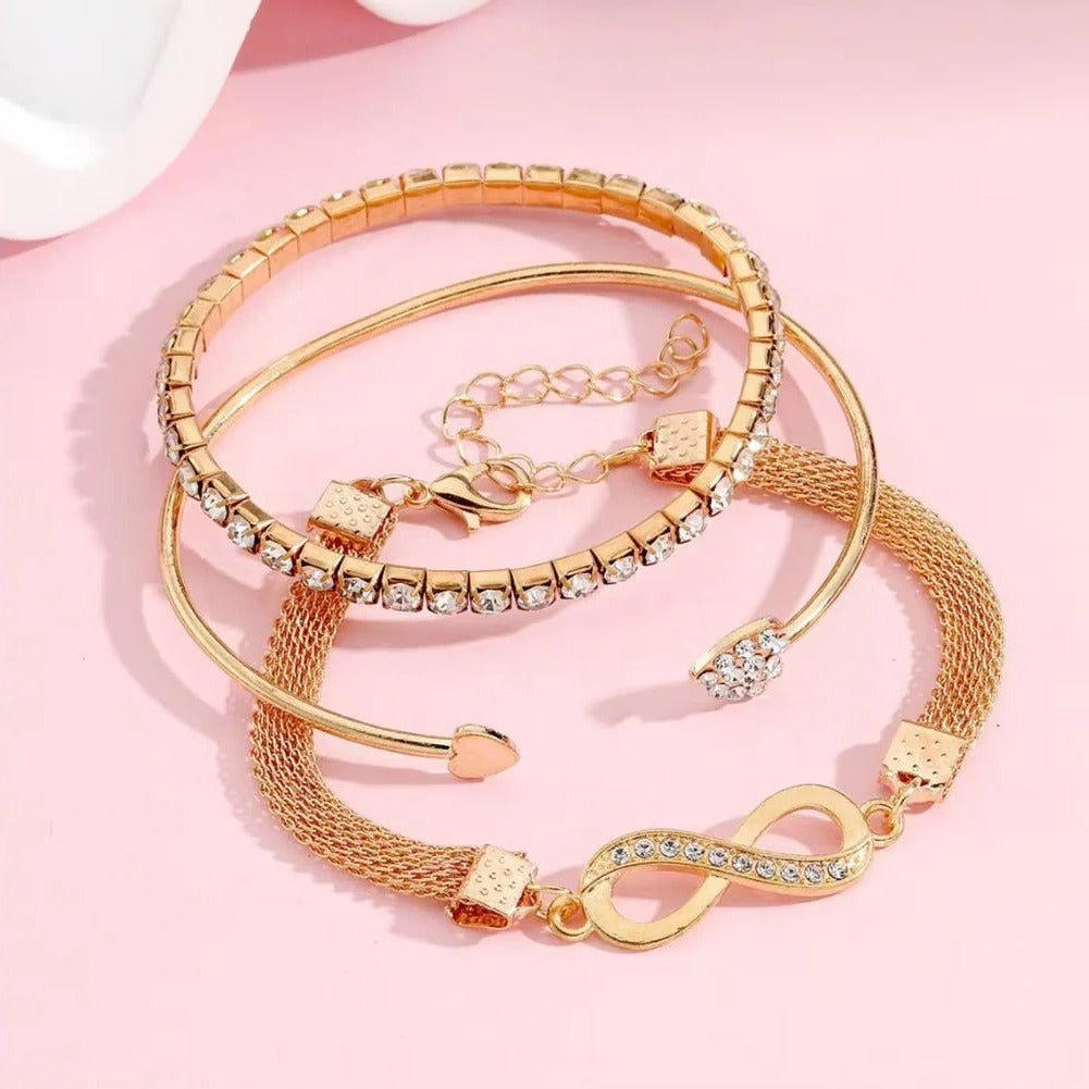 [Hometech] Rhinestone Bracelet Set, 3 Pieces Heart and Infinity Charms for Women