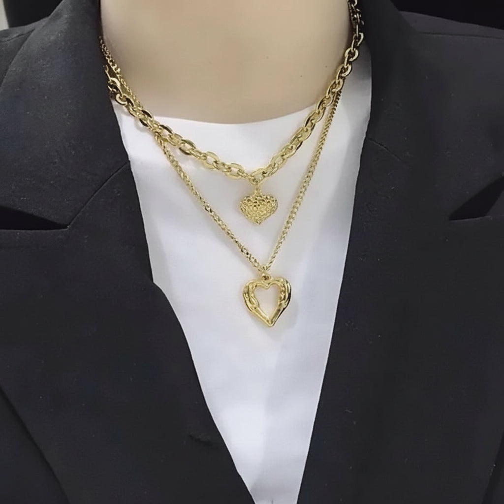 [Hometech] Women's Double Layer Choker Heart Charm and Cuban Link Chain Necklace