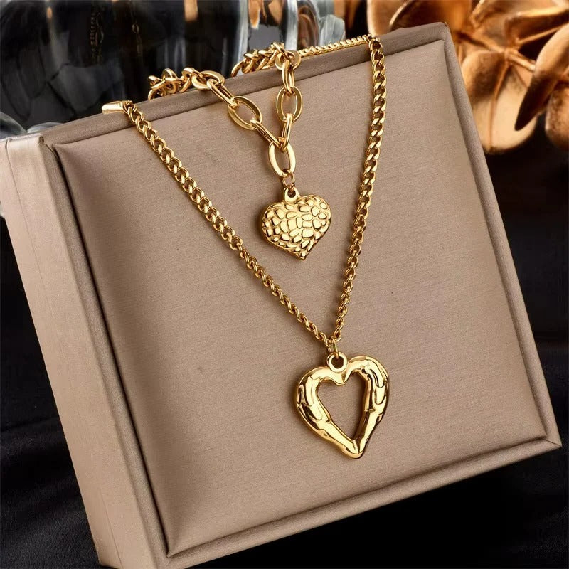 [Hometech] Women's Double Layer Choker Heart Charm and Cuban Link Chain Necklace