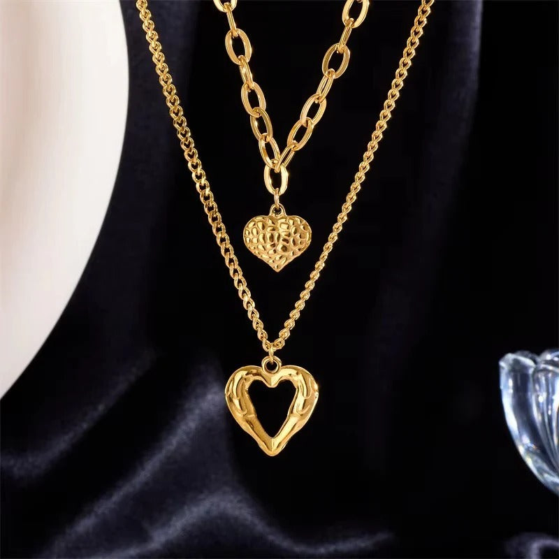 [Hometech] Women's Double Layer Choker Heart Charm and Cuban Link Chain Necklace