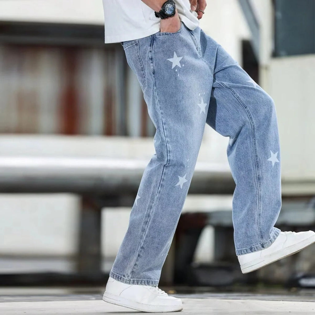 [Hometech] Men's Wide Leg Blue Denim Pants Loose Fit and Casual Fashion