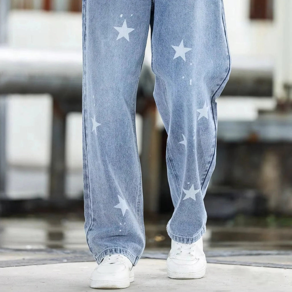[Hometech] Men's Wide Leg Blue Denim Pants Loose Fit and Casual Fashion