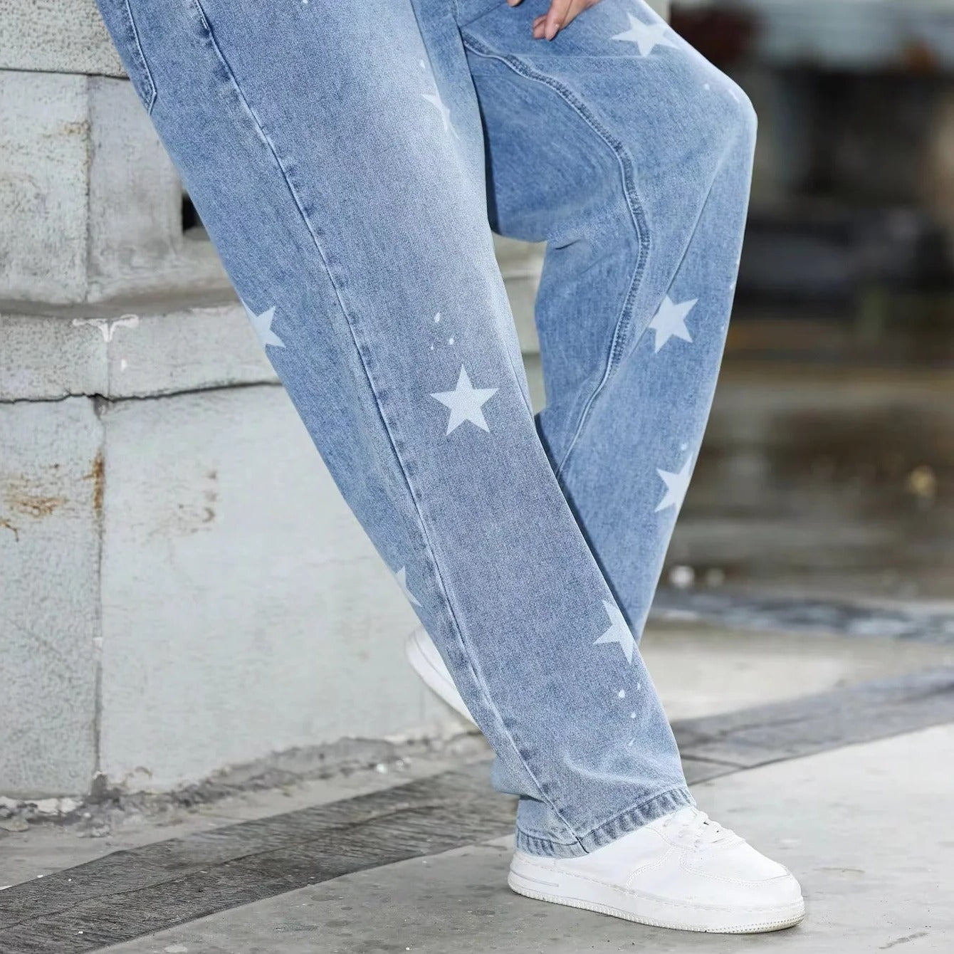 [Hometech] Men's Wide Leg Blue Denim Pants Loose Fit and Casual Fashion