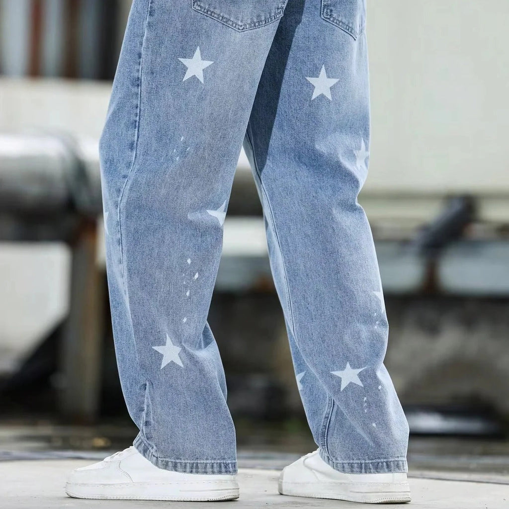 [Hometech] Men's Wide Leg Blue Denim Pants Loose Fit and Casual Fashion