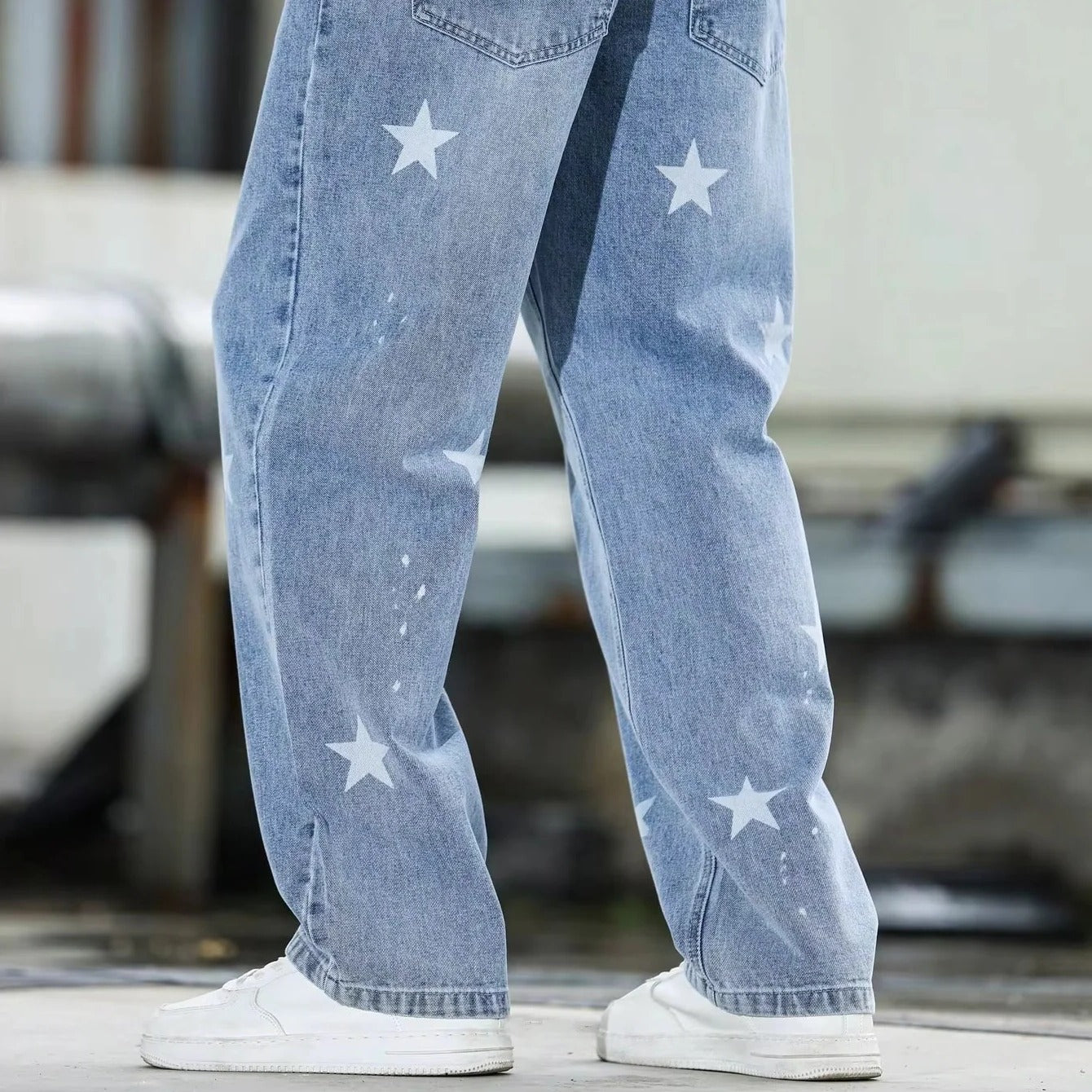 [Hometech] Men's Wide Leg Blue Denim Pants Loose Fit and Casual Fashion