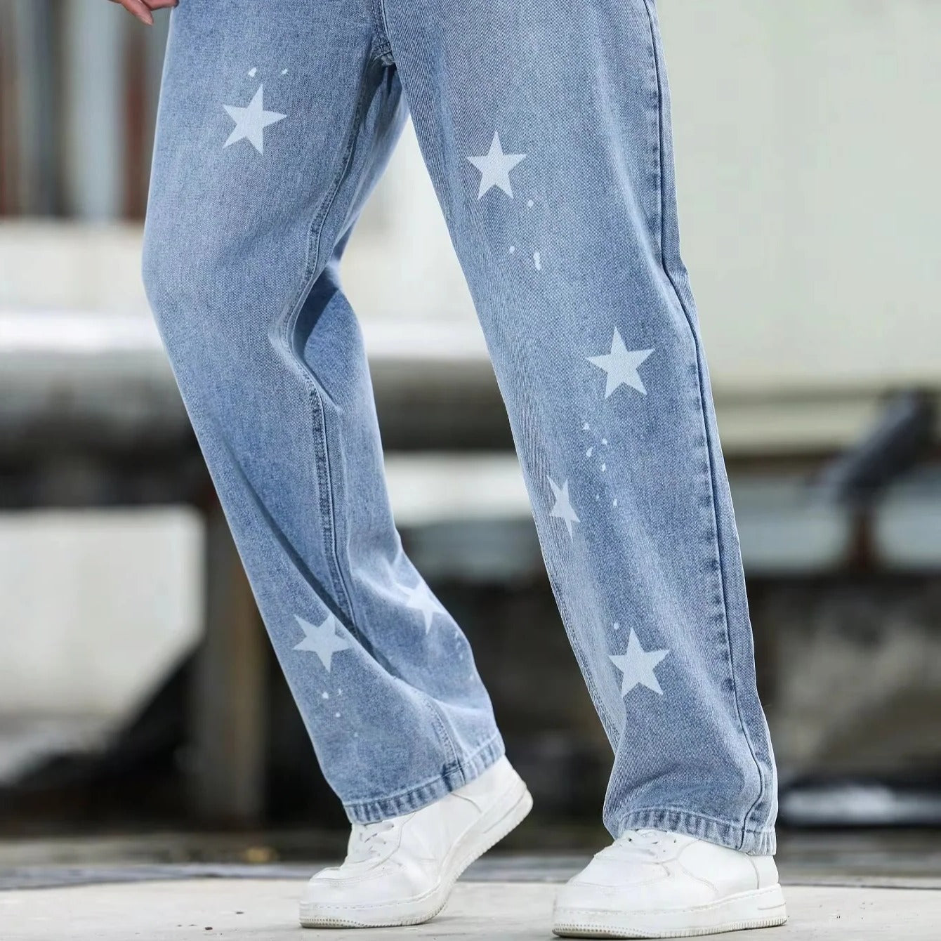 [Hometech] Men's Wide Leg Blue Denim Pants Loose Fit and Casual Fashion