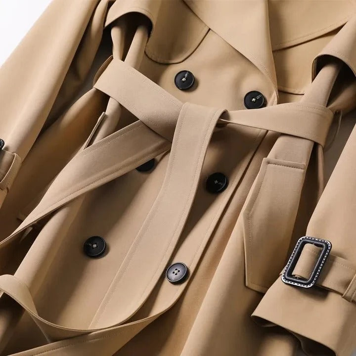 [Hometech] Trench Coat with Adjustable Waist Belt and Front Button Closure