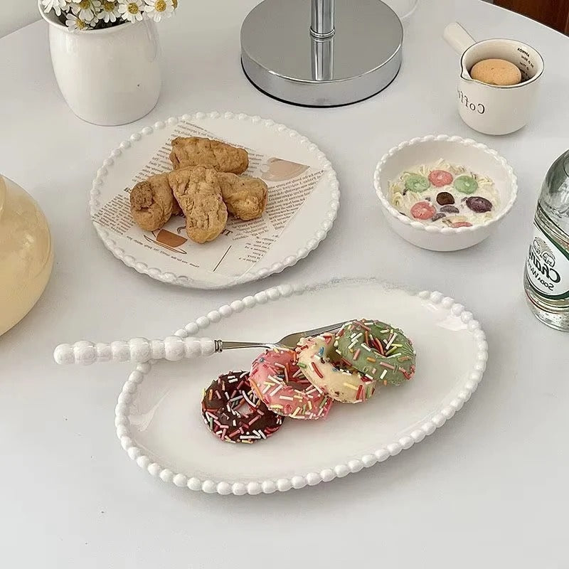 [Hometech] Ceramic Dinnerware with Pearl-Style Beaded Rim