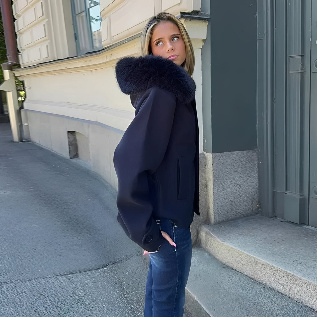 [Hometech] Women’s Wool Blend Coat with Removable Fur Collar and Button Closure