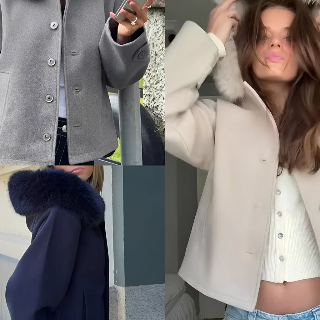 [Hometech] Women’s Wool Blend Coat with Removable Fur Collar and Button Closure