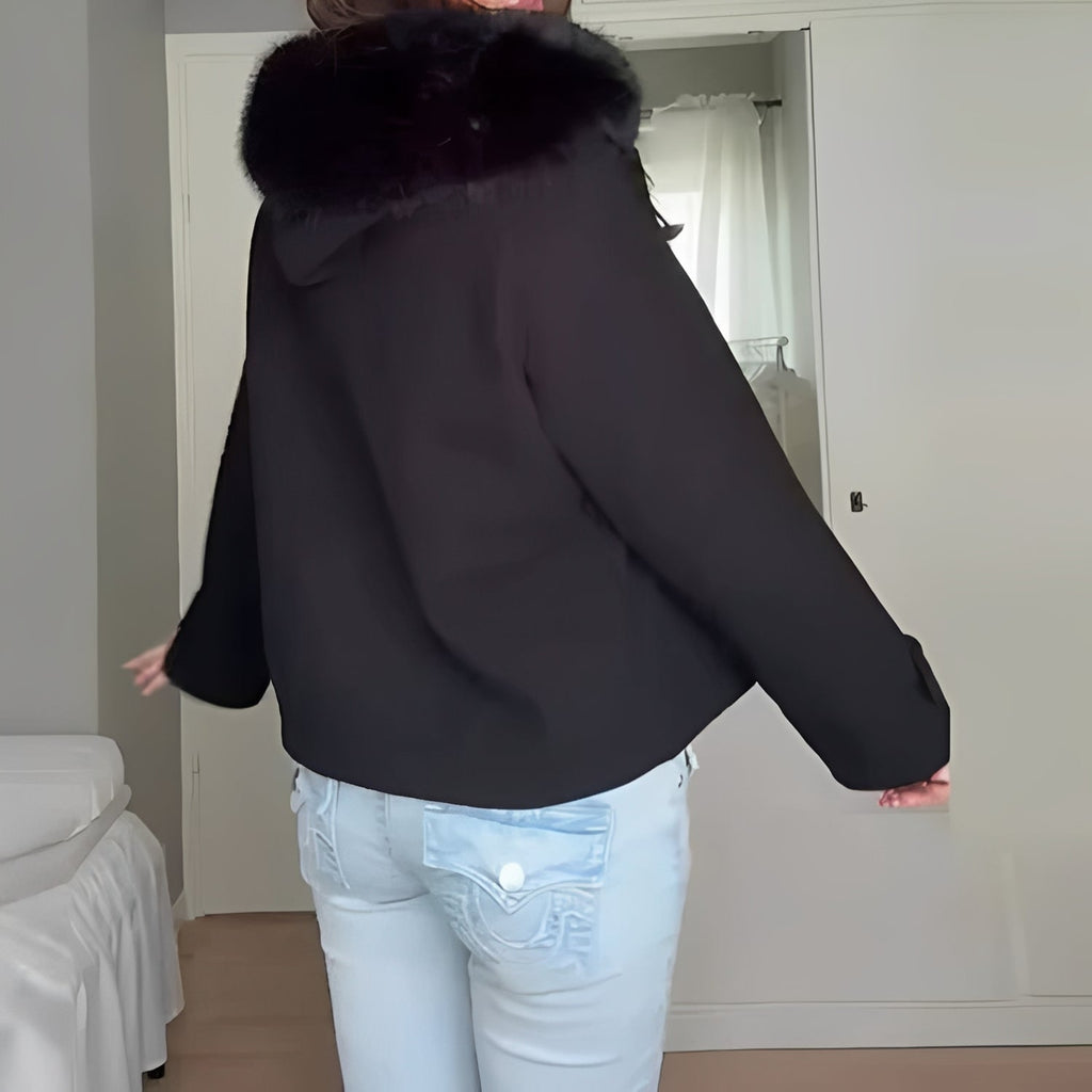 [Hometech] Women’s Wool Blend Coat with Removable Fur Collar and Button Closure