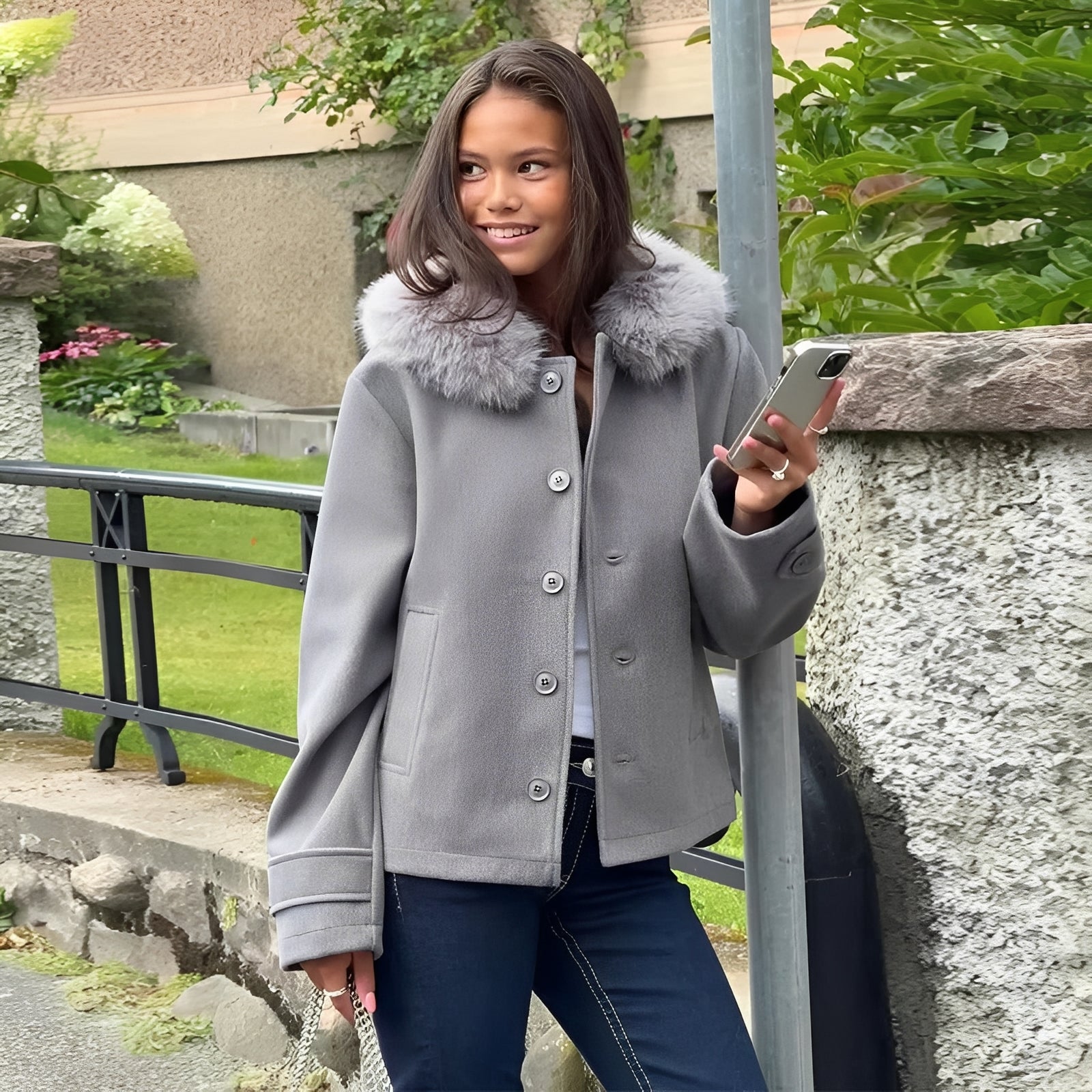 [Hometech] Women’s Wool Blend Coat with Removable Fur Collar and Button Closure