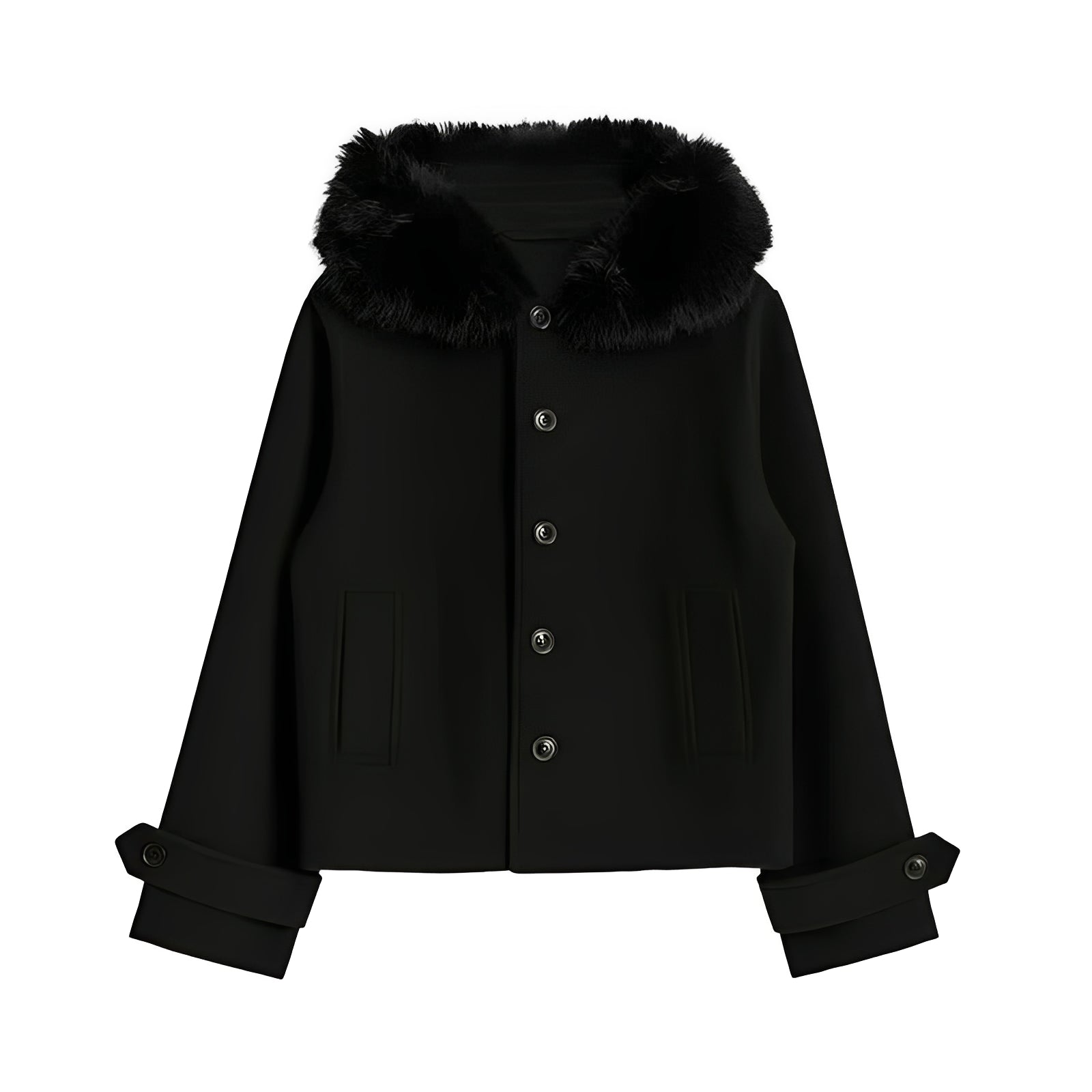 [Hometech] Women’s Wool Blend Coat with Removable Fur Collar and Button Closure