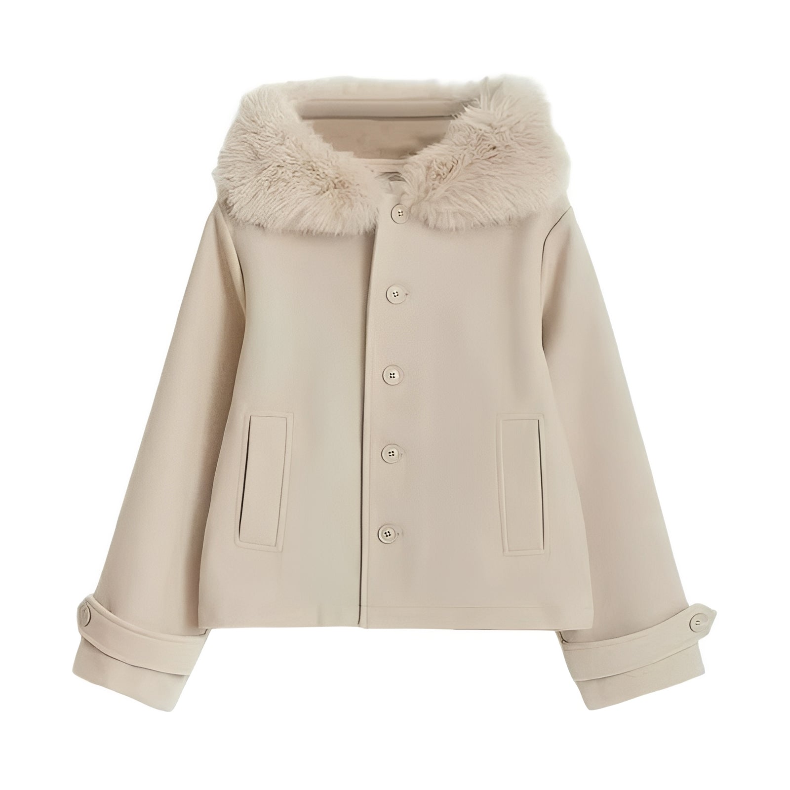 [Hometech] Women’s Wool Blend Coat with Removable Fur Collar and Button Closure