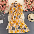 [Hometech] Floral Chiffon Summer Dress with V-Neck and Puff Sleeve Detail