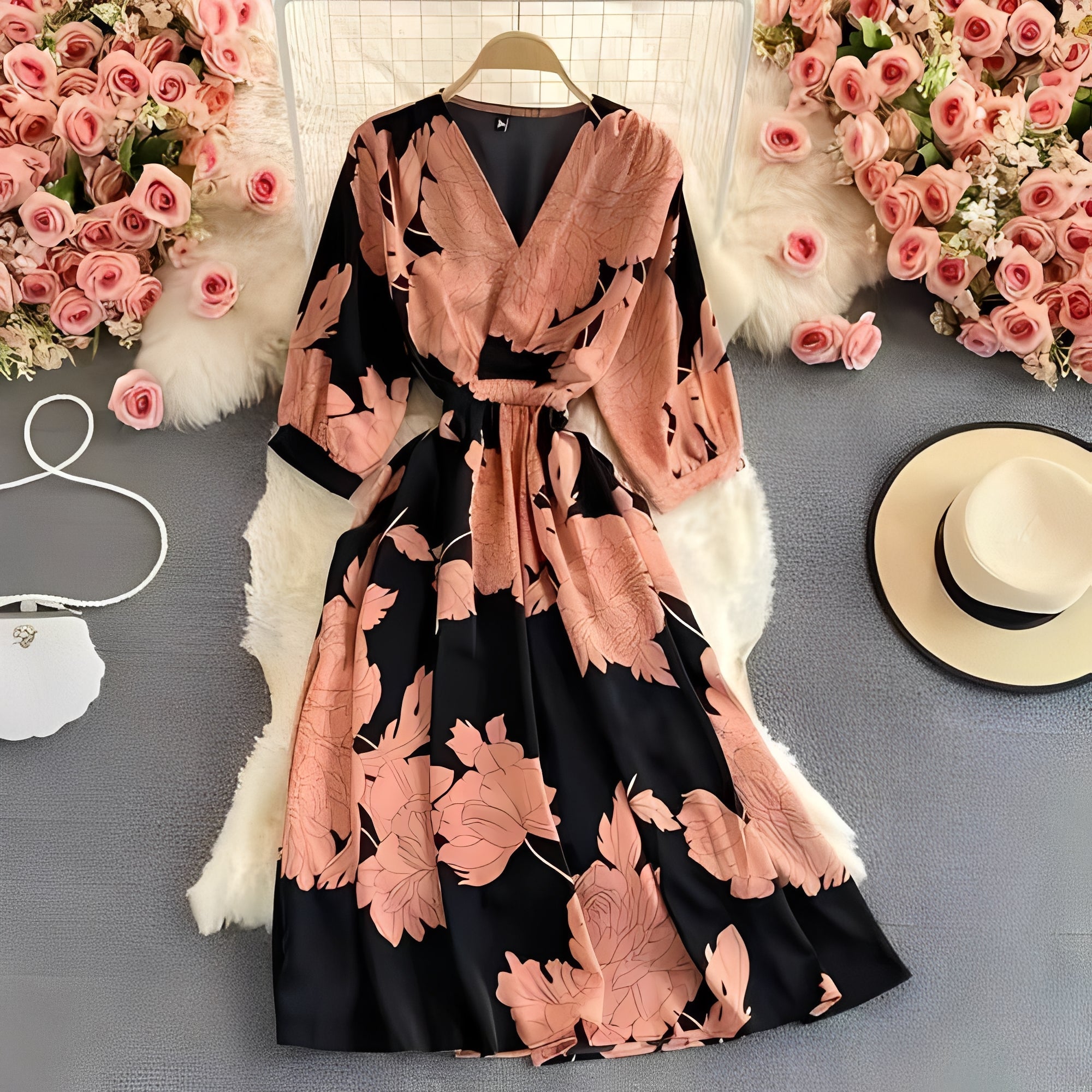 [Hometech] Floral Chiffon Summer Dress with V-Neck and Puff Sleeve Detail