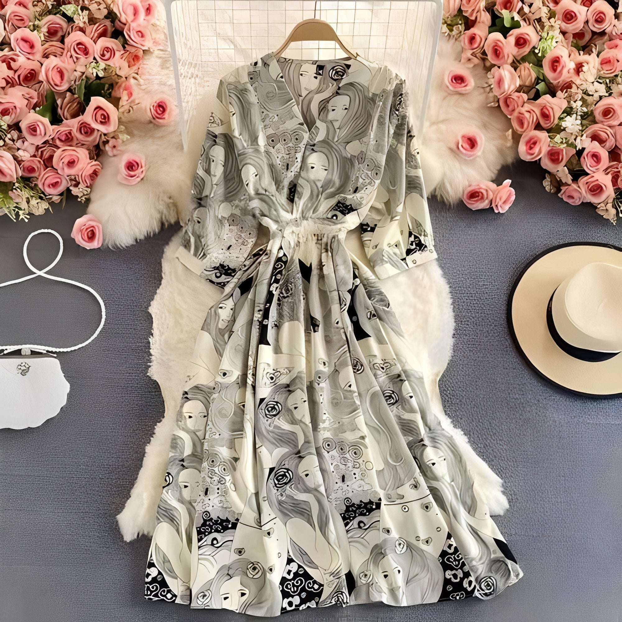 [Hometech] Floral Chiffon Summer Dress with V-Neck and Puff Sleeve Detail