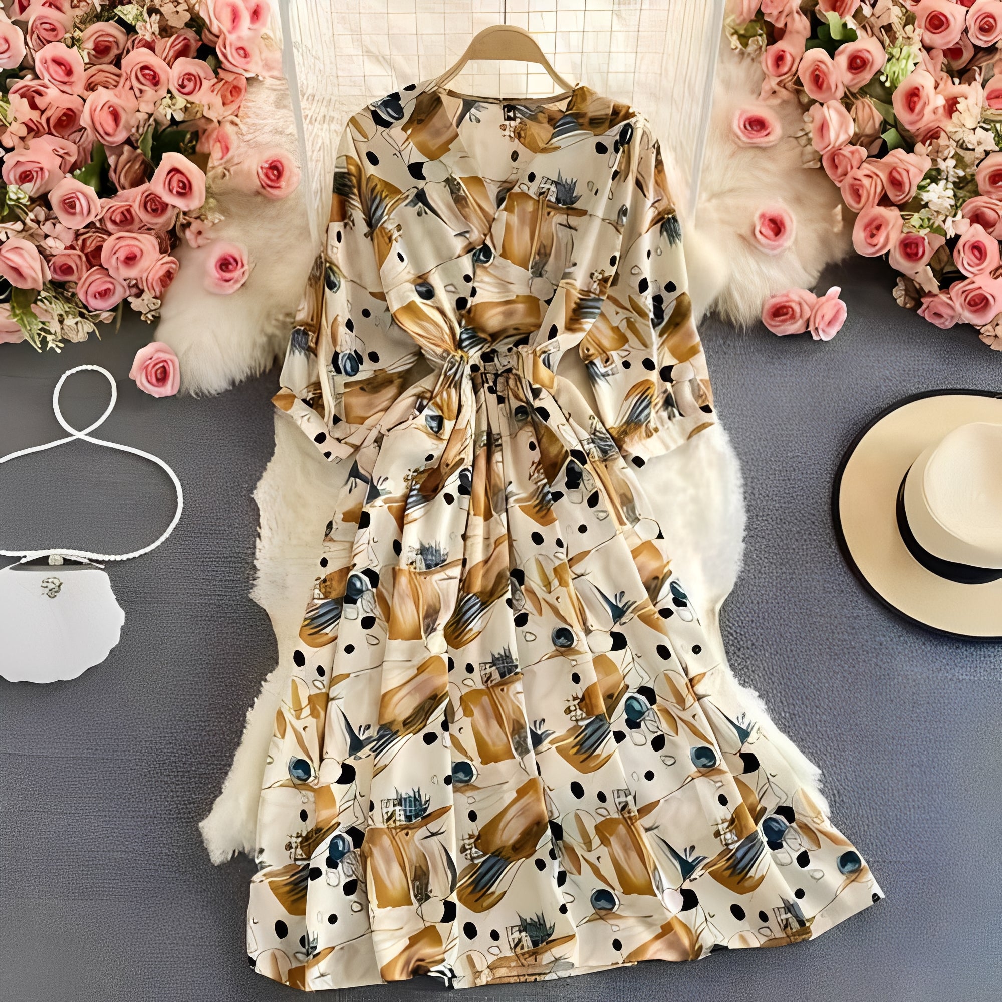 [Hometech] Floral Chiffon Summer Dress with V-Neck and Puff Sleeve Detail