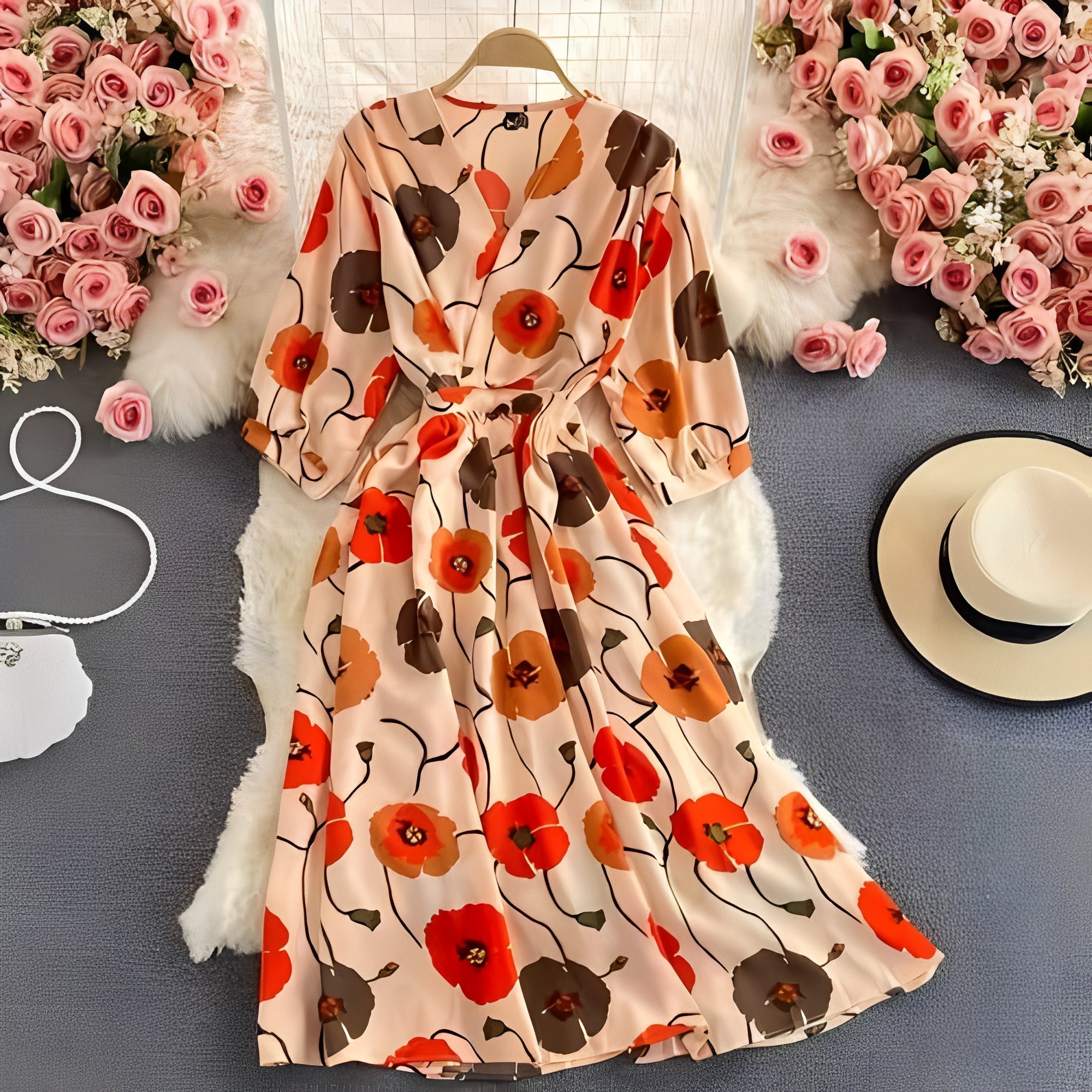[Hometech] Floral Chiffon Summer Dress with V-Neck and Puff Sleeve Detail