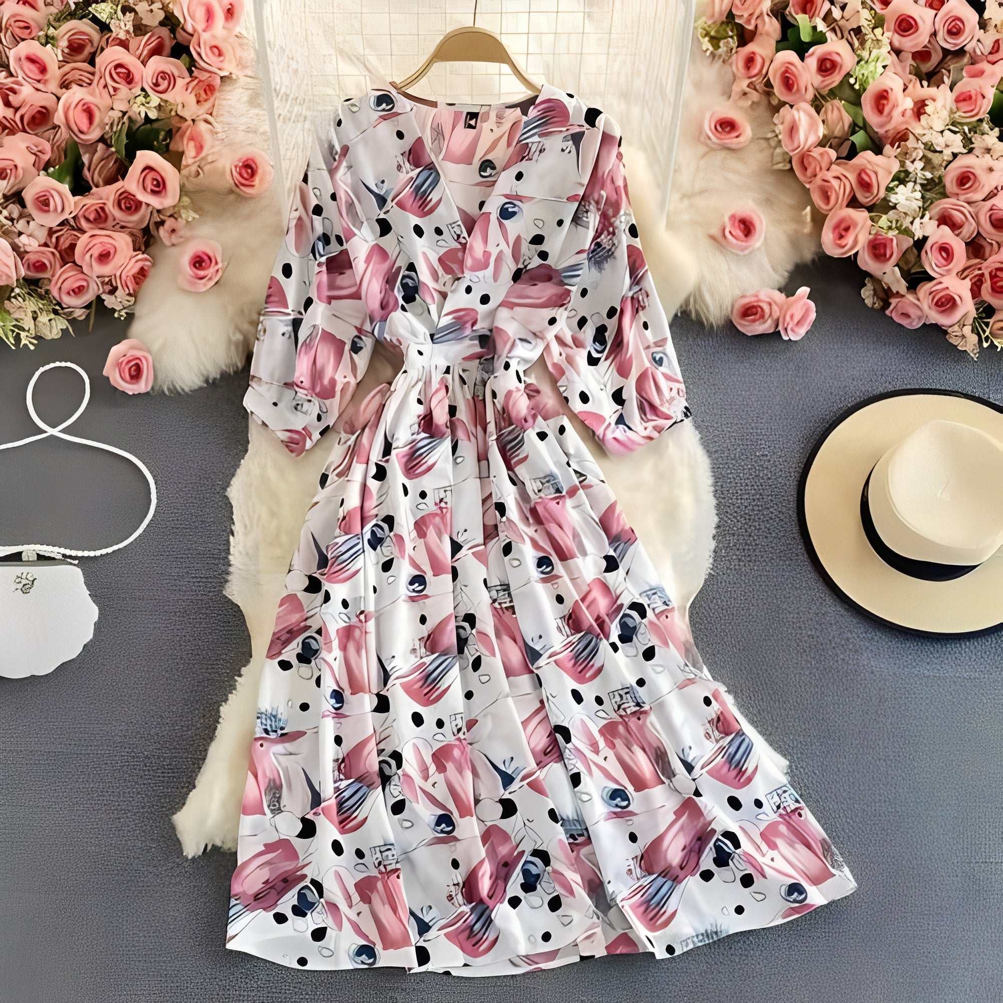 [Hometech] Floral Chiffon Summer Dress with V-Neck and Puff Sleeve Detail