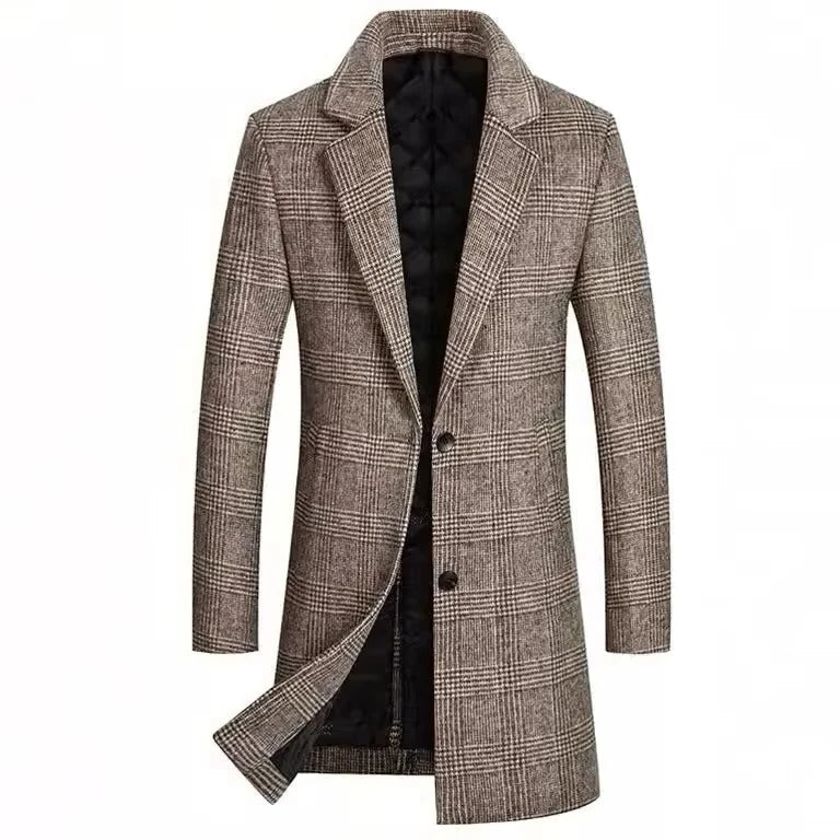 [Hometech] Men's Plaid Wool Coat with Cotton Padding and Lapel Collar