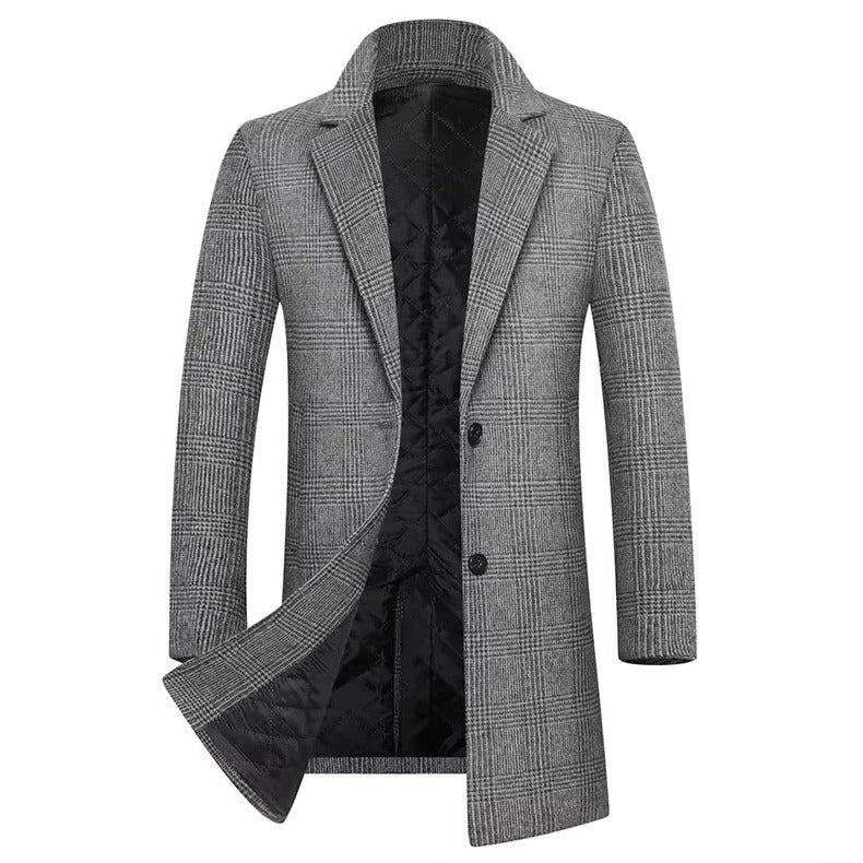 [Hometech] Men's Plaid Wool Coat with Cotton Padding and Lapel Collar