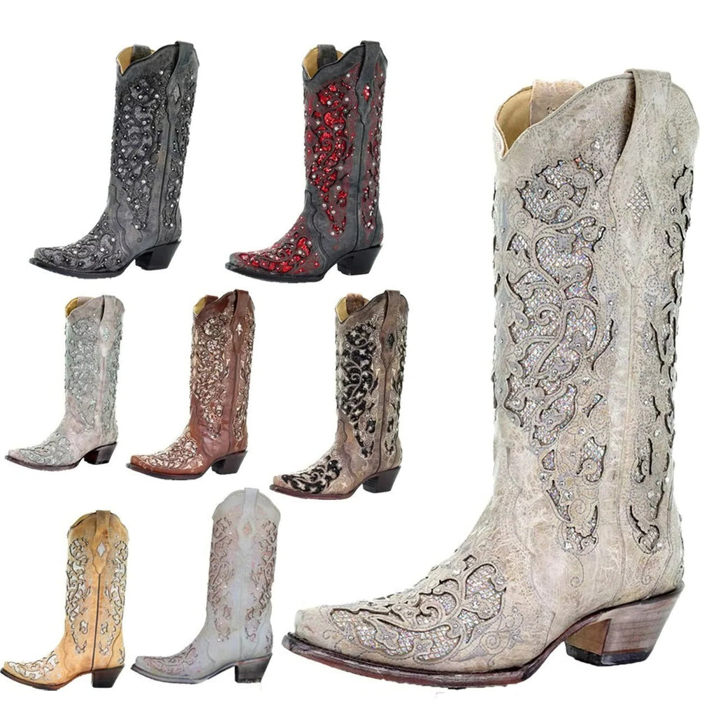 [Hometech] Sequined Embroidered Pointed Toe Boots with Color Block Heel Design