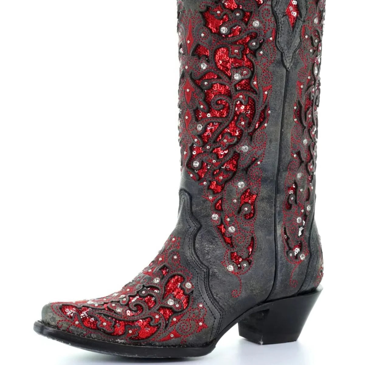 [Hometech] Sequined Embroidered Pointed Toe Boots with Color Block Heel Design