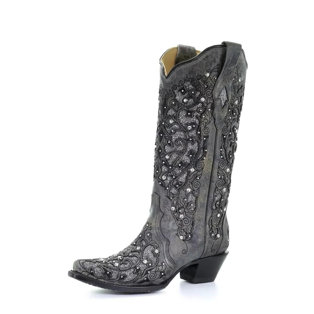 [Hometech] Sequined Embroidered Pointed Toe Boots with Color Block Heel Design