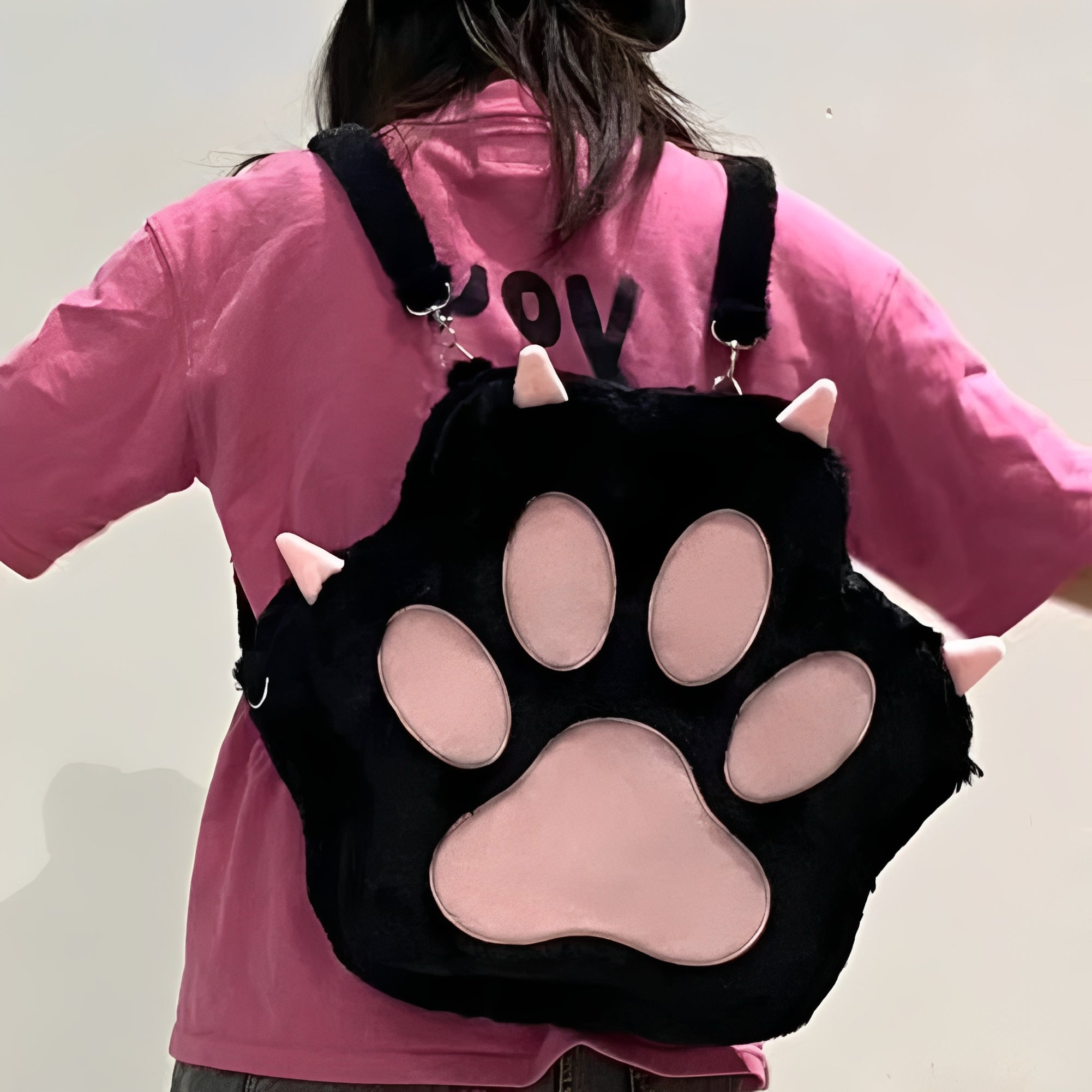 [Hometech] Cat Paw Plush Backpack Purse with Adjustable Straps for Women