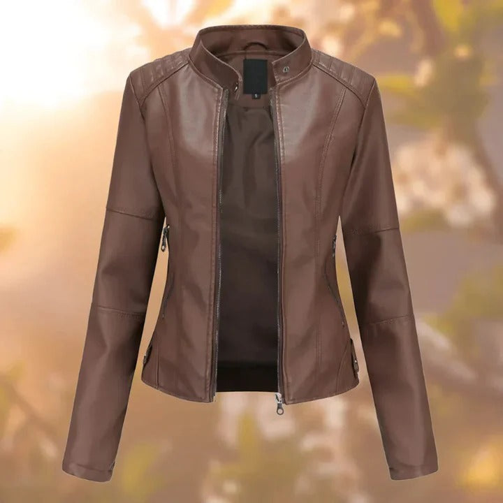 [Hometech] Women's Leather Jacket with Zipper Closure