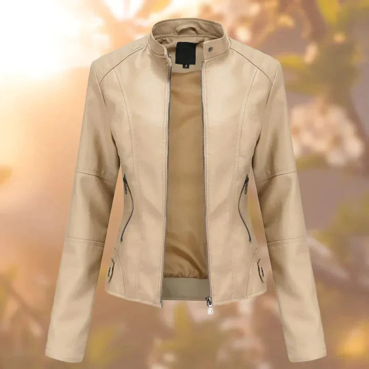 [Hometech] Women's Leather Jacket with Zipper Closure