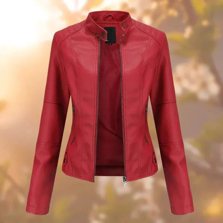 [Hometech] Women's Leather Jacket with Zipper Closure