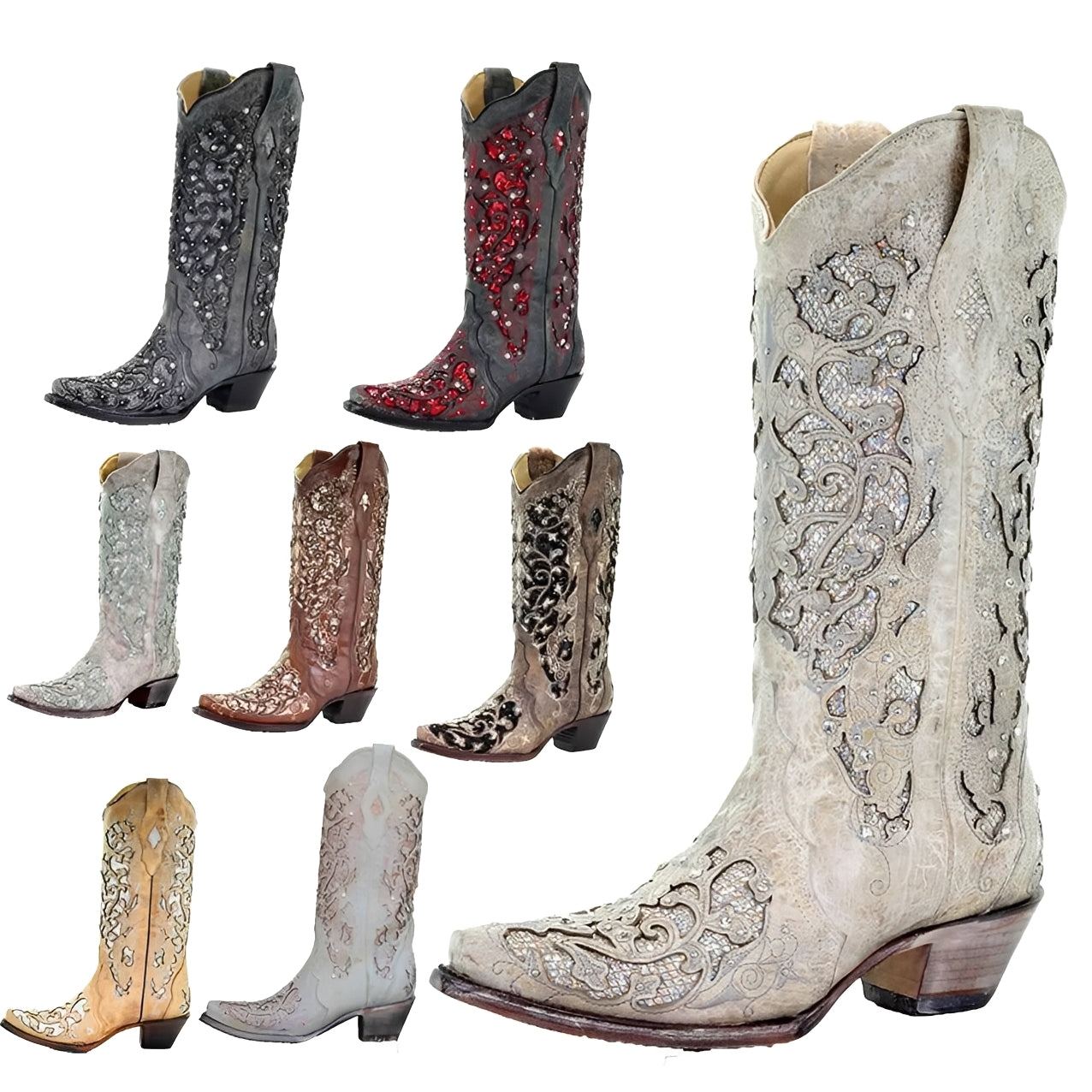 [Hometech] Embroidered Knee High Boots with Sequin Detail and Pointed Toe